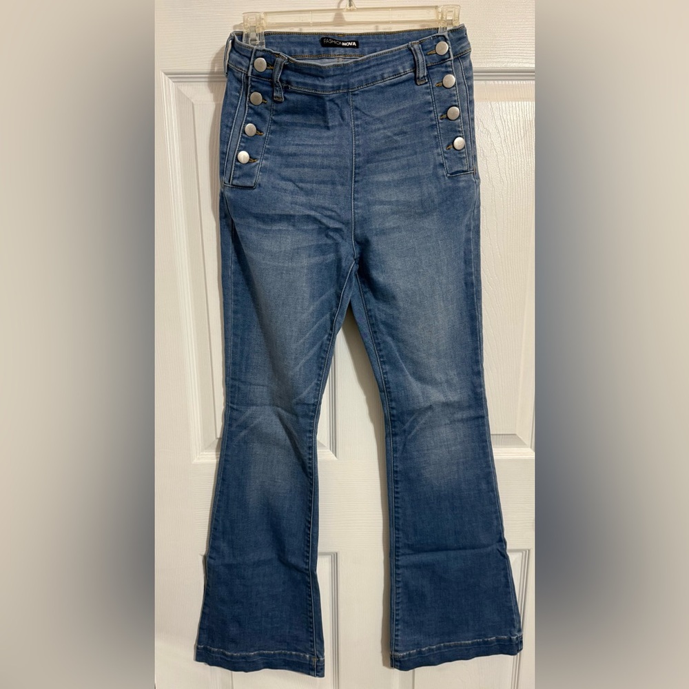 Blue Flared Jeans with Button Details